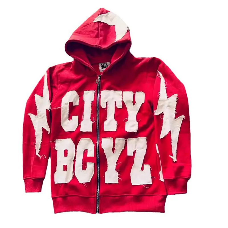 Unisex Acid Wash Zip-Up Hoodie with Rhinestone Embroidered Patch Casual Style for Men in Autumn Season