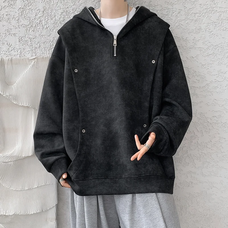 2025 New American Style Trendy Men’s Half-Zip Hoodie Spring Autumn Casual Loose Tie-Dye Knitted Polyester/Cotton Solid Hooded