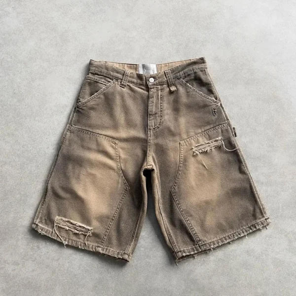 American European Men's Vintage Print Mid-Waist High-Waist Light-Colored Wash Embroidery Oversized Denim Shorts for Summer - Image 4