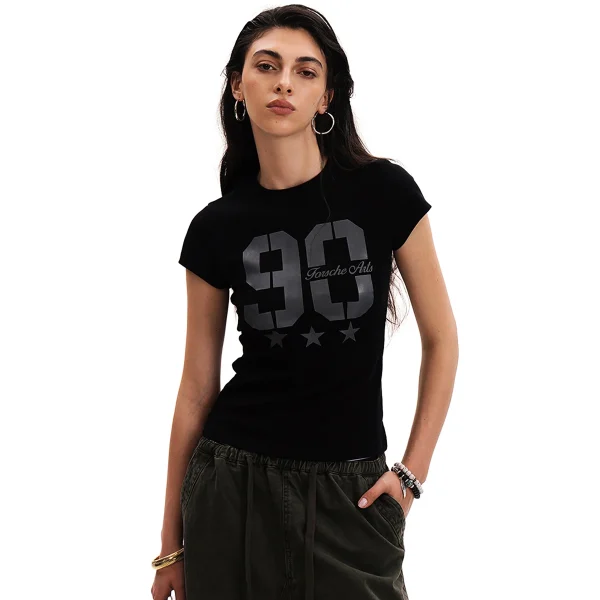 Women's Slim Fit Vintage Sports T-Shirt American Style Hot Girl Jersey Fit Short Sleeve Top Regular Shoulder Summer T-Shirt - Image 3
