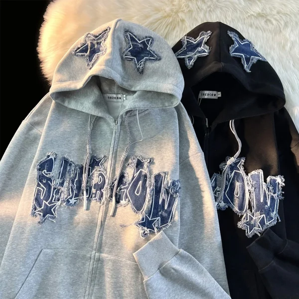 American Retro Trendy Letter Star Cardigan Jacket for Men Women 100% Cotton Hoodie Oversize Zipper Sweatshirt - Image 3
