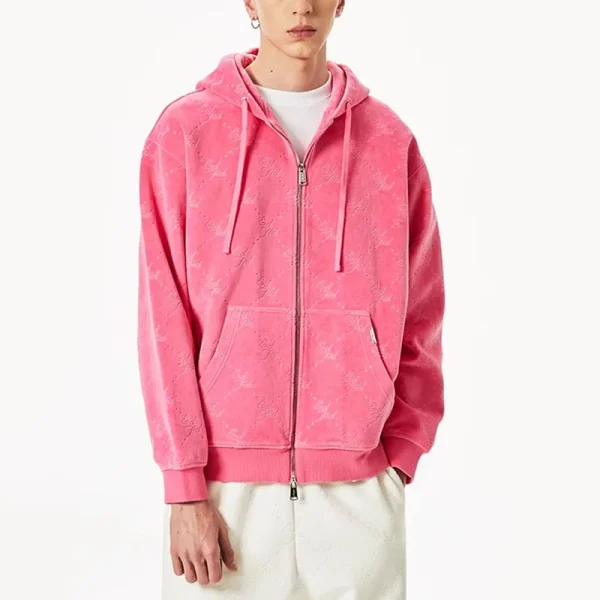Unisex Acid Wash Hoodie with Rhinestone 1 to 1 Print Zip up Hooded Collar Knitted Material - Image 5