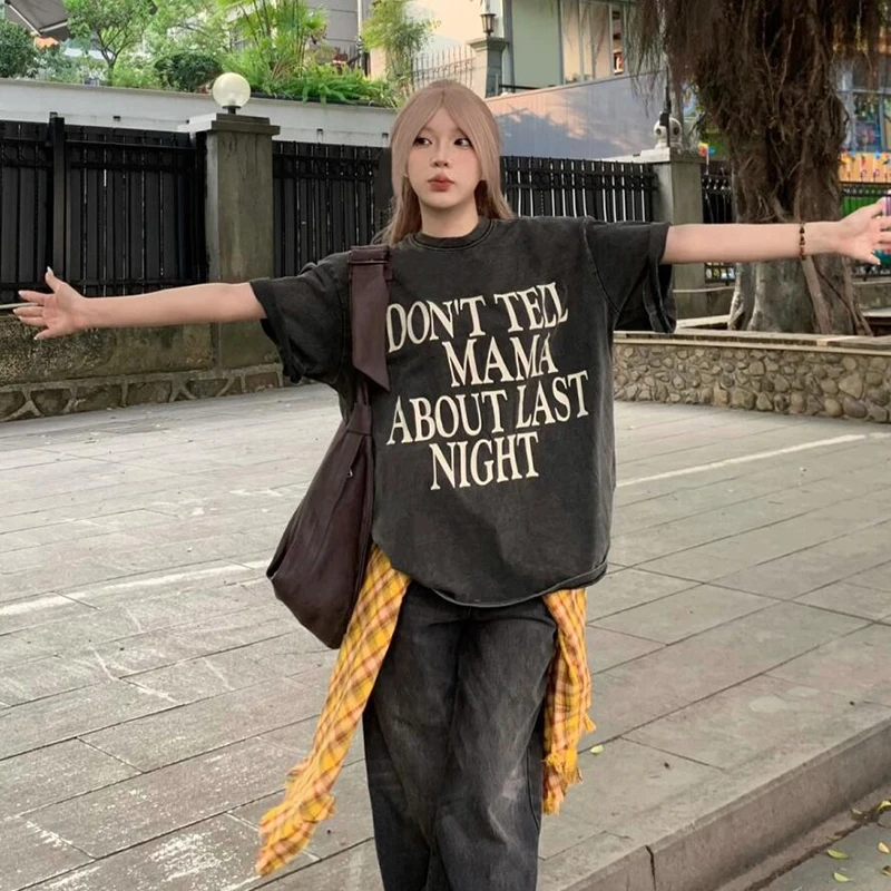 American Retro Trendy 100% Cotton Women’s Short-Sleeved T-Shirt Nice Washed Distressed Neck Loose Fit Casual Summer Design Solid
