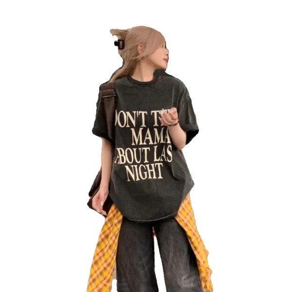 American Retro Trendy 100% Cotton Women's Short-Sleeved T-Shirt Nice Washed Distressed Neck Loose Fit Casual Summer Design Solid - Image 5