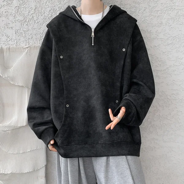 2025 New American Style Trendy Men's Half-Zip Hoodie Spring Autumn Casual Loose Tie-Dye Knitted Polyester/Cotton Solid Hooded - Image 3