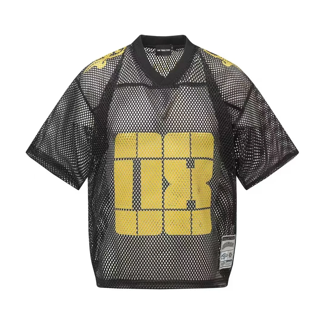 American Trendy Style Men’s T-Shirt 100% Polyester Short Sleeve V Neck Mesh Hole Ice Feel Printed Loose Casual Sports Design