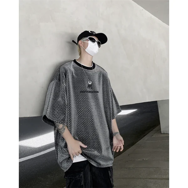 American High Street Trendy Men's Summer Ice Silk Short-Sleeved T-Shirt Oversize Mid-Sleeve Hiphop Top Solid 220 Grams - Image 3