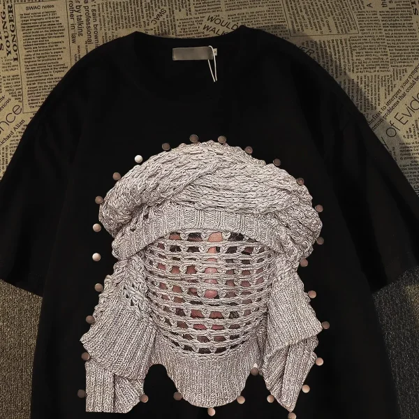American Street Style Trendy 100% Cotton Summer High Street Oversize Top Solid Rivet Masked Short-Half-Sleeved T-Shirts