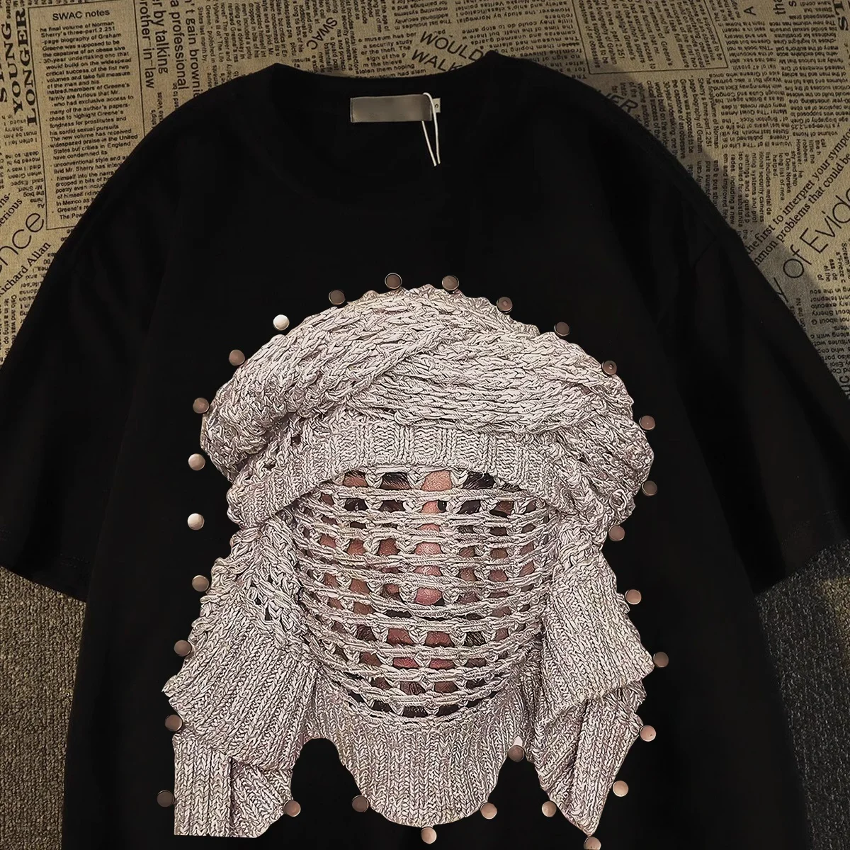 American Street Style Trendy 100% Cotton Summer High Street Oversize Top Solid Rivet Masked Short-Half-Sleeved T-Shirts