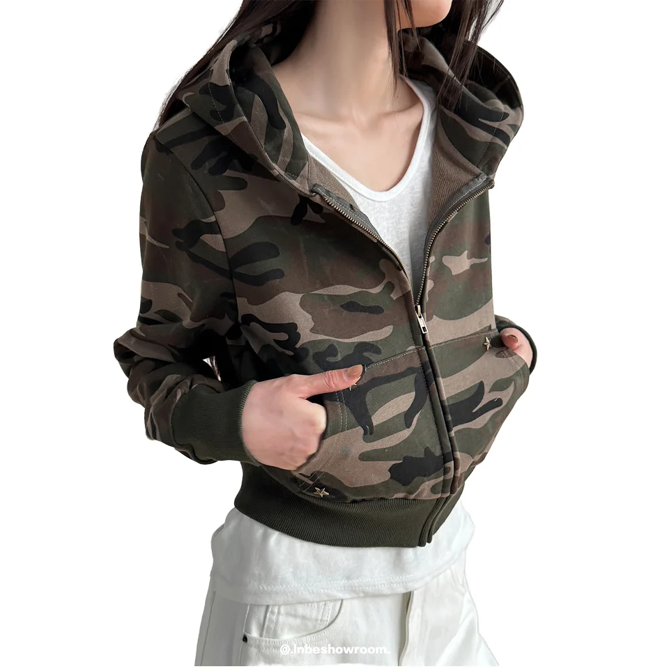 Women’s  Camouflage Sweatshirt Jacket Regular Shoulder Hooded Top Winter Petite Hoodie