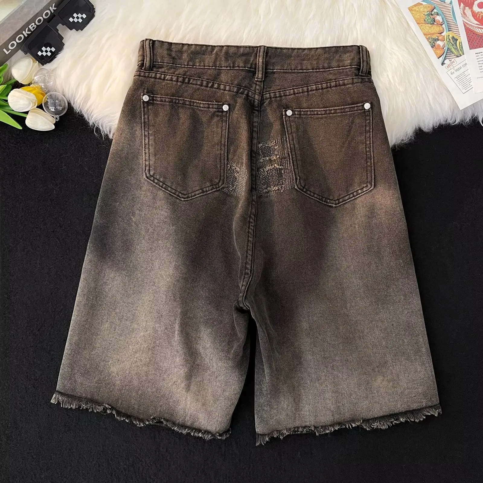 2025 Men’s Summer Casual  Solid Color Hot Shorts Men’s Denim Shorts  Oversized Biker Shorts