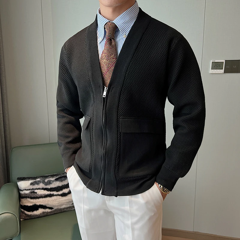Light Luxury Men’s V-Neck Cardigan Jacket Casual Oversized Sweater for Autumn Season