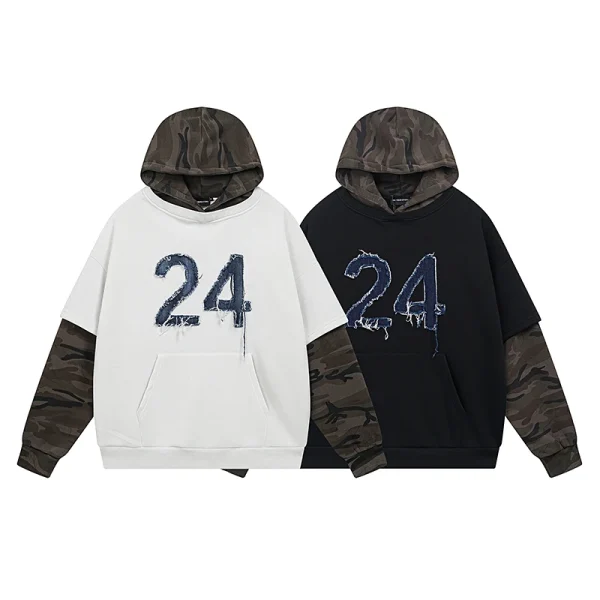 Autumn Winter Retro Style Two-Piece Spliced Camouflage Fleece Hoodies Embroidered Loose Pullover for Men Sweatshirts - Image 3