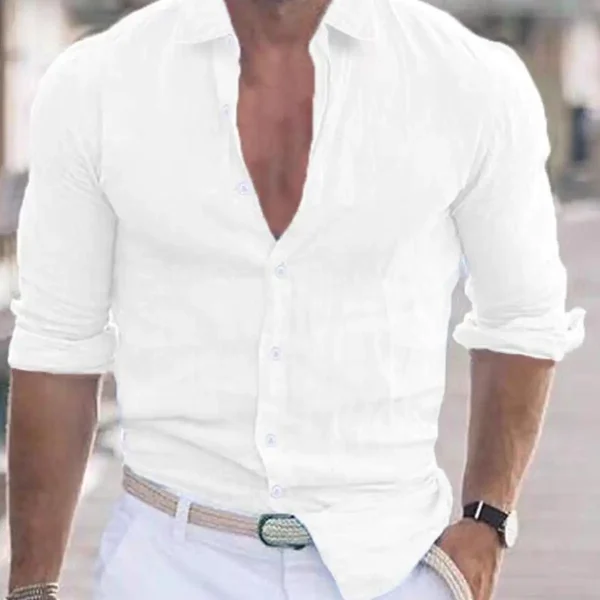 European American High-End Men's Slim-Fitting Linen Long-Sleeved Work Shirts Breathable White Cardigans for Sun Protection