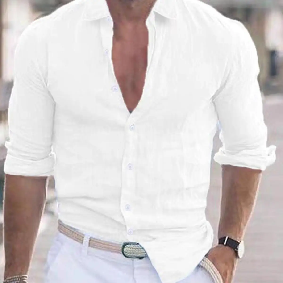 European American High-End Men’s Slim-Fitting Linen Long-Sleeved Work Shirts Breathable White Cardigans for Sun Protection