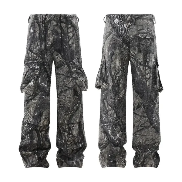 American Vintage Men's Slim Fit Button-Cargon Pants Mid Waist Washed Denim with Tree Print Breathable Baggy Pants for Summer