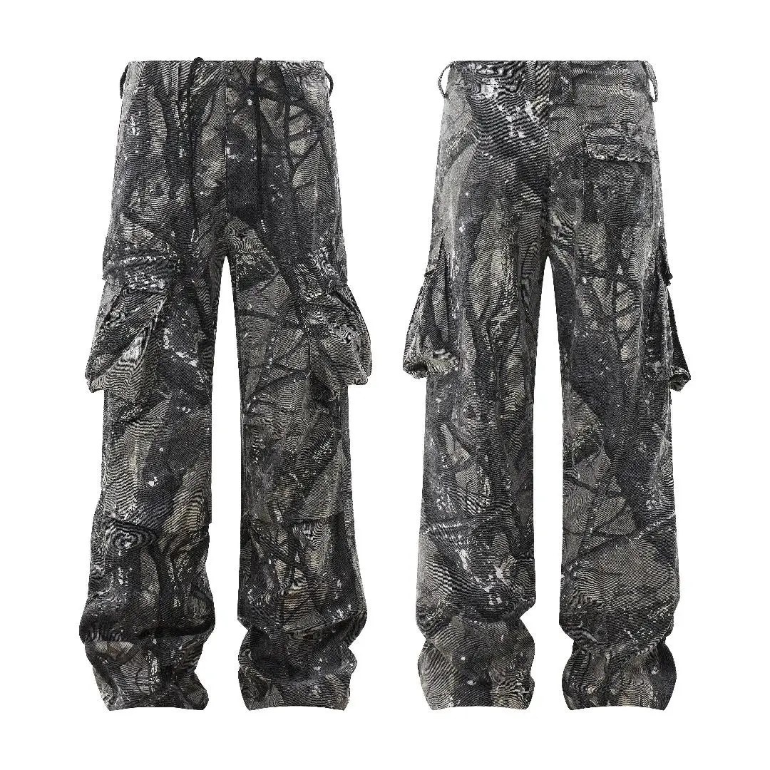 American Vintage Men’s Slim Fit Button-Cargon Pants Mid Waist Washed Denim with Tree Print Breathable Baggy Pants for Summer