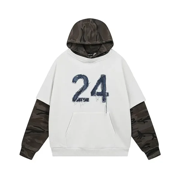 Autumn Winter Retro Style Two-Piece Spliced Camouflage Fleece Hoodies Embroidered Loose Pullover for Men Sweatshirts