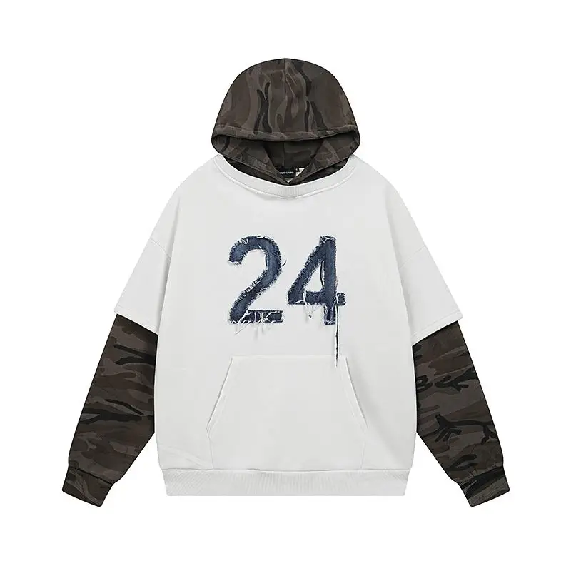 Autumn Winter Retro Style Two-Piece Spliced Camouflage Fleece Hoodies Embroidered Loose Pullover for Men Sweatshirts