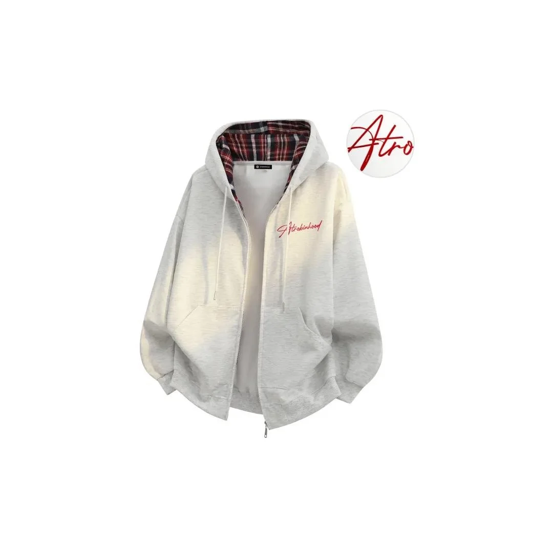 American Plaid Printed Cardigan Handwritten Letter Pattern Hooded Sweatshirt Jacket Zipper up Hoodie for Men