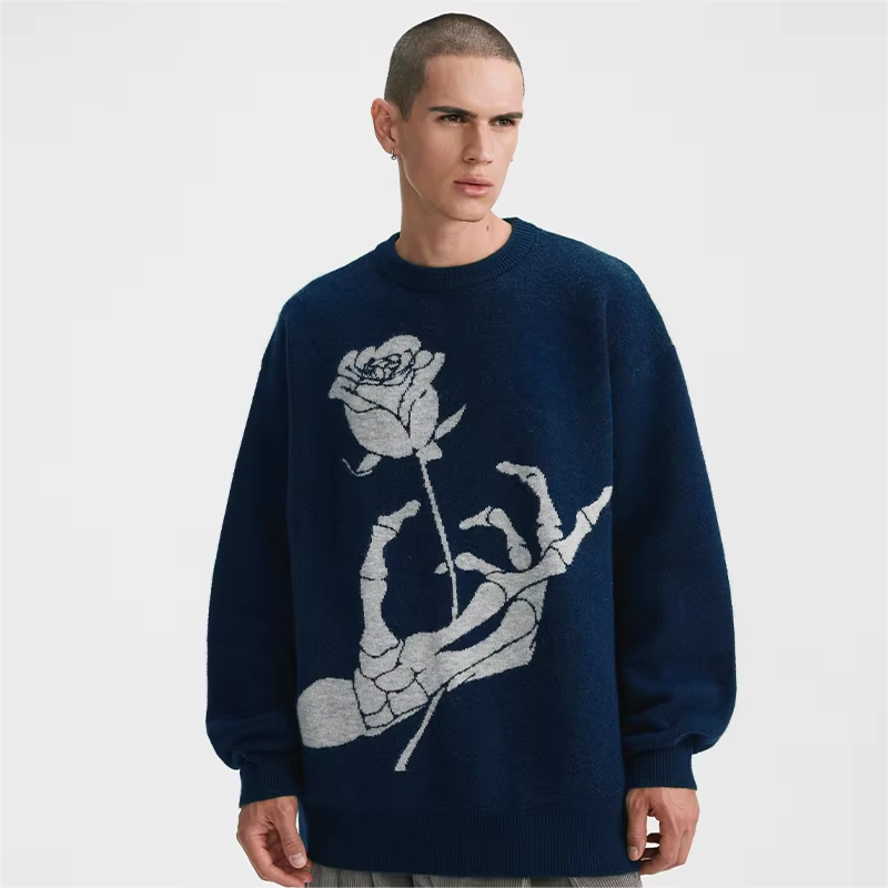 American Retro Print Wool Sweater for Men Women Rose Skull Design Loose Knitted Lazy Couple for Spring Fall Winter