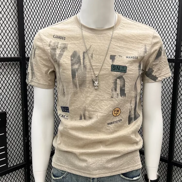 2025 Summer Men’s Short Sleeve T-Shirt New Ice Silk Cool American Retro High Street Printed Slim Fit Top Casual 100% Cotton