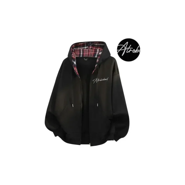 American Plaid Printed Cardigan Handwritten Letter Pattern Hooded Sweatshirt Jacket Zipper up Hoodie for Men - Image 3