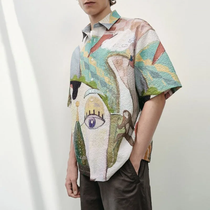 2025 Summer  Linen Shirt Men  Oversized  Artificial Printed Half Sleeve Shirts Plus Size Anti-Shrink Service Shirts for Men