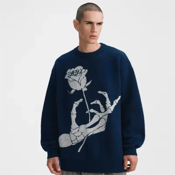 American Retro Print Wool Sweater for Men Women Rose Skull Design Loose Knitted Lazy Couple for Spring Fall Winter - Image 4