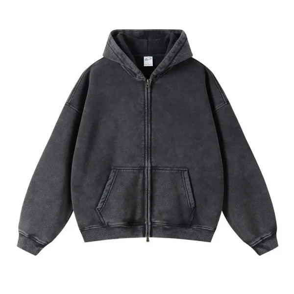 Autumn Men's 100% Cotton Cardigan Sweater Loose Distressed Hoodie with Zipper American European Oversize Design Solid Pattern
