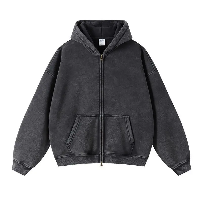 Autumn Men’s 100% Cotton Cardigan Sweater Loose Distressed Hoodie with Zipper American European Oversize Design Solid Pattern