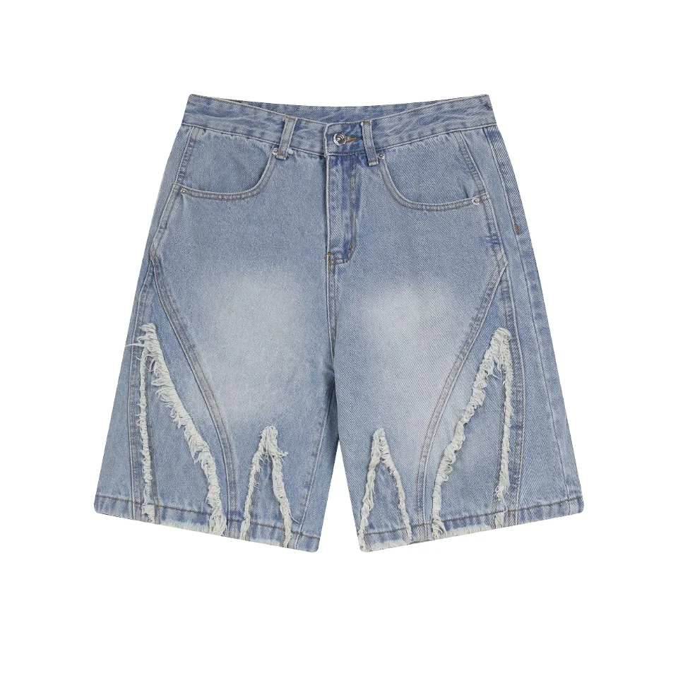 Vintage Washed Denim Shorts for Men American European Style Mid Waist Straight Weave with Button Decoration for Summer