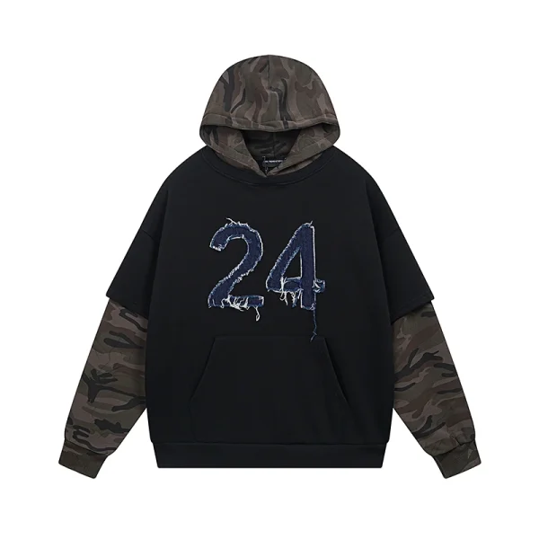 Autumn Winter Retro Style Two-Piece Spliced Camouflage Fleece Hoodies Embroidered Loose Pullover for Men Sweatshirts - Image 5
