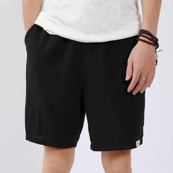 European American Retro Men's Summer Casual Three-Quarter Linen Cotton Shorts Mid Waist Hot Shorts Drawstring Solid Color - Image 2