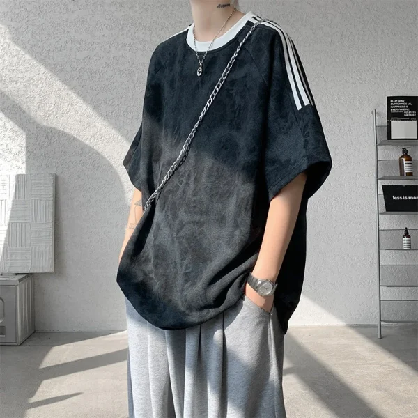 American Retro Trendy Summer Half-Sleeved Top for Men 220 Grams Solid Hand-Tied Dye High Street Style 100% Cotton Short-Sleeved - Image 4